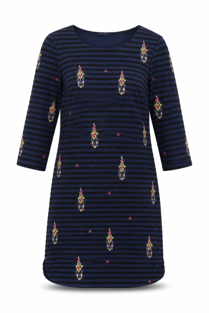 Front view of White Stuff Women's Blue, size 8, Shift Dress Striped Embroidered Velvet