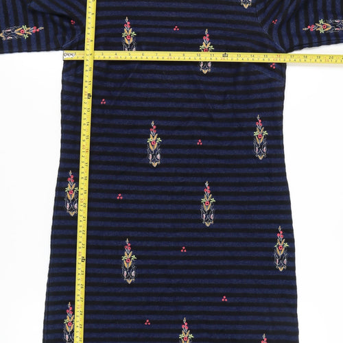 White Stuff Women's Blue Size 8 Shift Dress Striped Embroidered Velvet