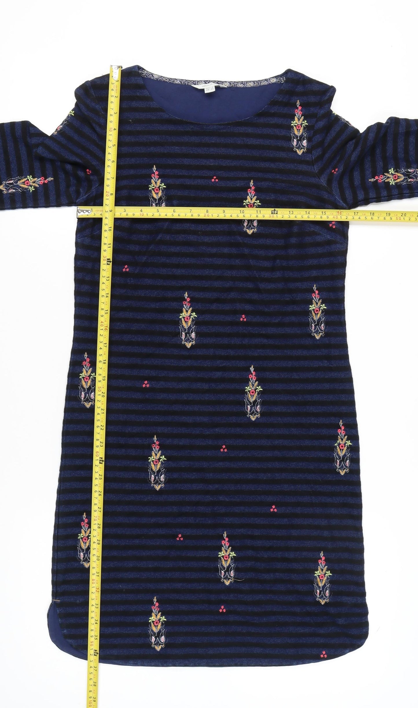 White Stuff Women's Blue Size 8 Shift Dress Striped Embroidered Velvet