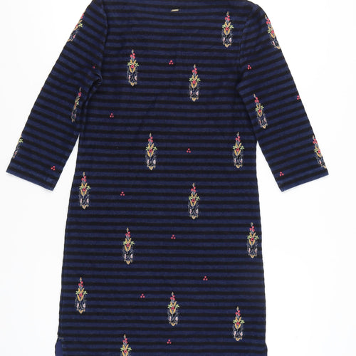 White Stuff Women's Blue Size 8 Shift Dress Striped Embroidered Velvet