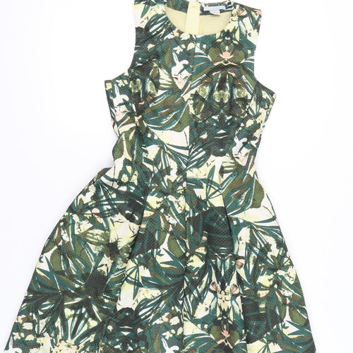 H&M Women’s Green Fit & Flare Tropical Floral Sleeveless Dress UK 6