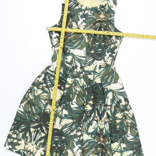 H&M Women’s Green Fit & Flare Tropical Floral Sleeveless Dress UK 6