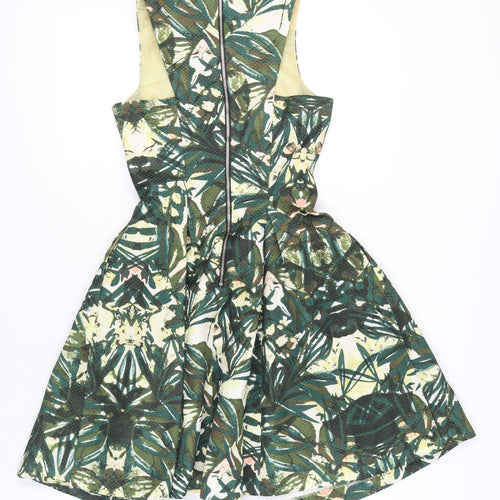 H&M Women’s Green Fit & Flare Tropical Floral Sleeveless Dress UK 6