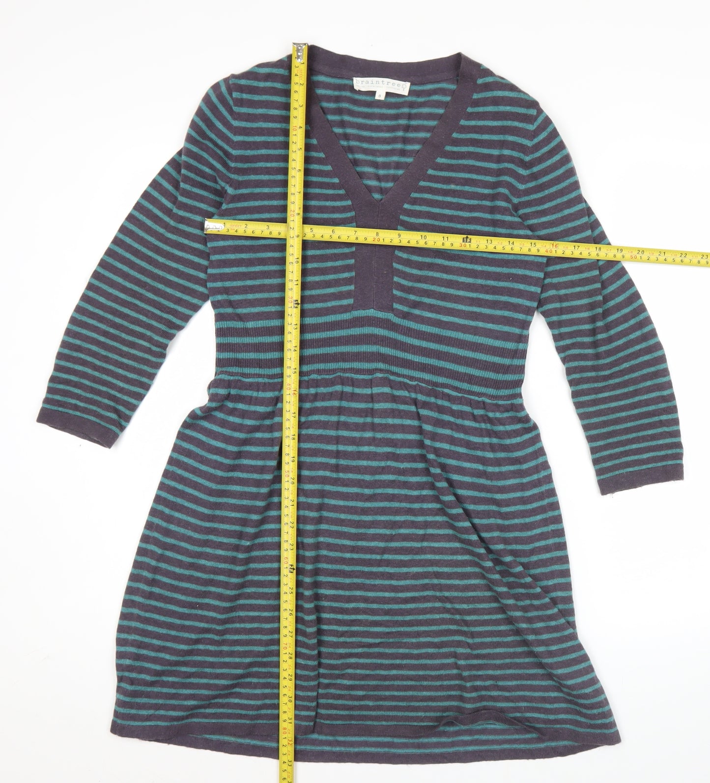 Braintree Women’s Blue Striped A-Line Knit Dress Size 8 V-Neck Long Sleeve