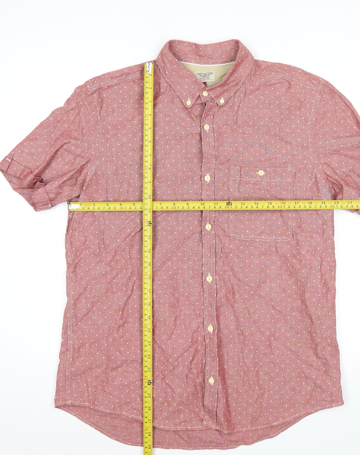 Next Men's Red Polka Dot Cotton Short Sleeve Button-Up Shirt L
