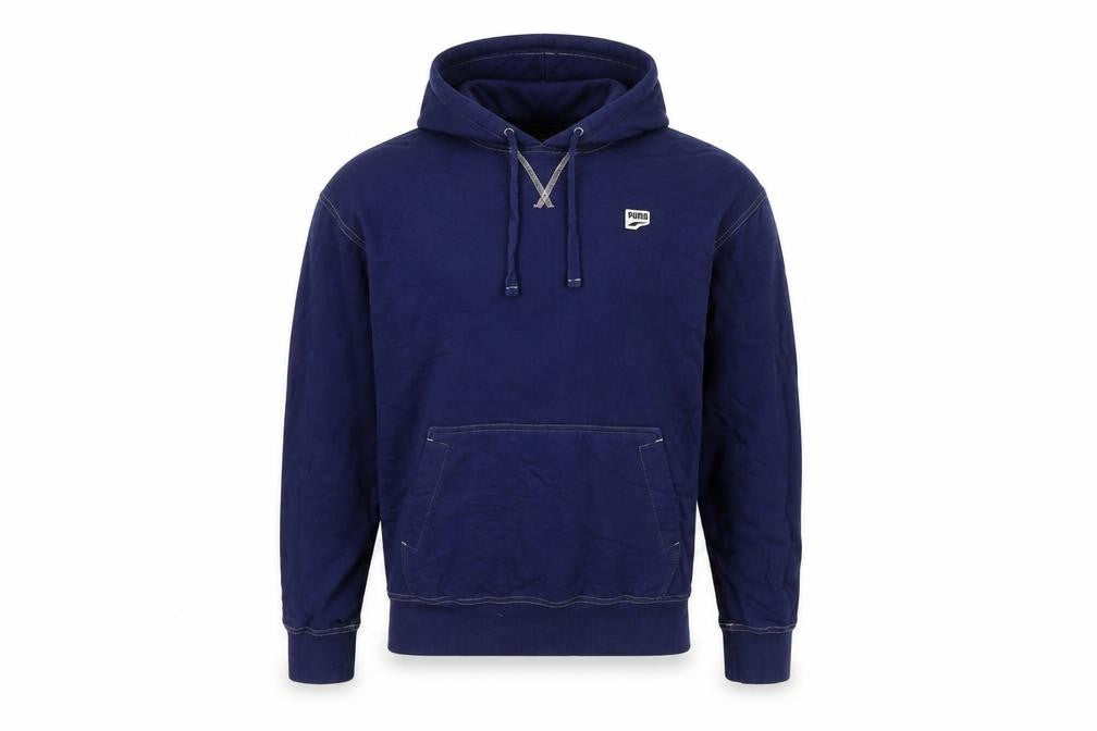 Front view of Puma Men’s Blue Pullover Hoodie Regular Fit S Logo Cotton Blend