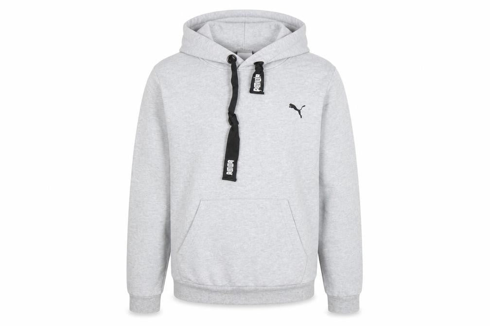 Front view of Puma Men's Grey Pullover Hoodie S Logo Fleece Kangaroo Pocket