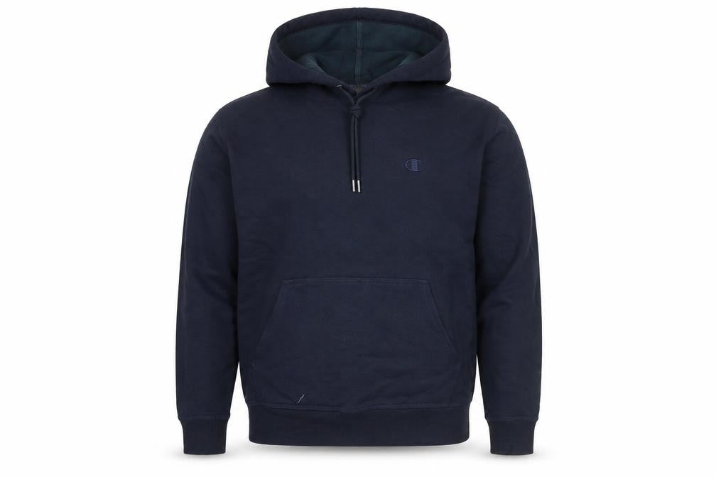 Front view of Champion Men's Navy Blue Pullover Hoodie Regular Fit, size M, Fleece