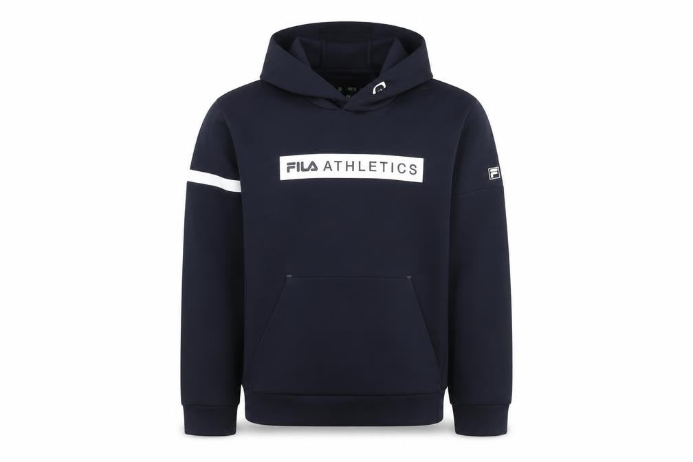 Front view of Fila Men's Blue Pullover Hoodie M Regular Fit Athletic Logo Sportswear