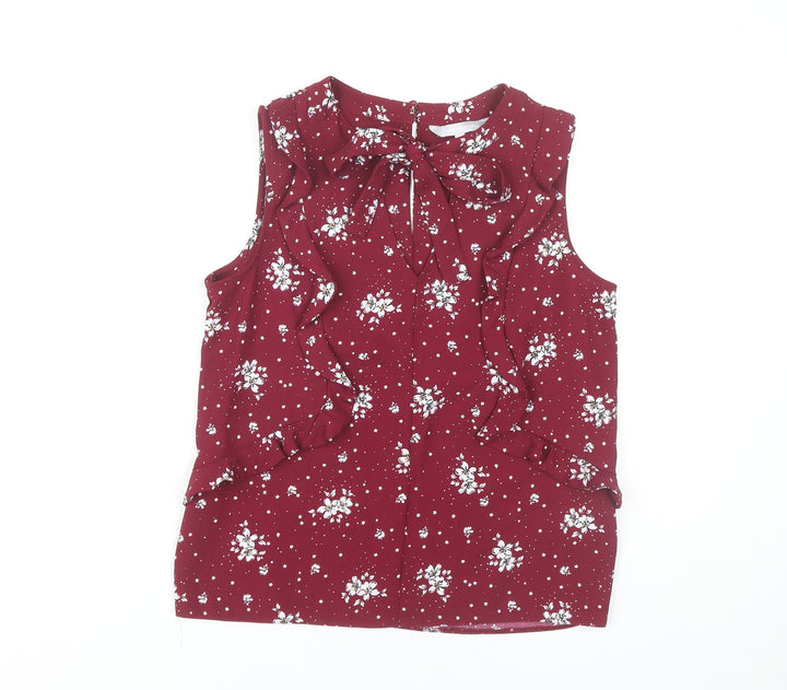 Red Herring Women’s Red Floral Sleeveless Blouse Size 8 Ruffle Bow Workwear