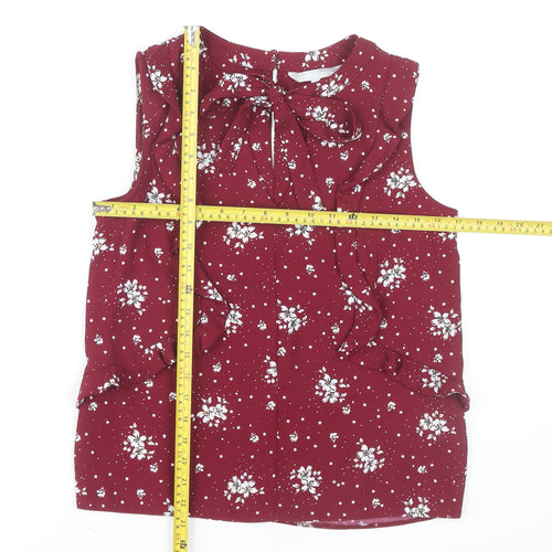 Red Herring Women’s Red Floral Sleeveless Blouse Size 8 Ruffle Bow Workwear