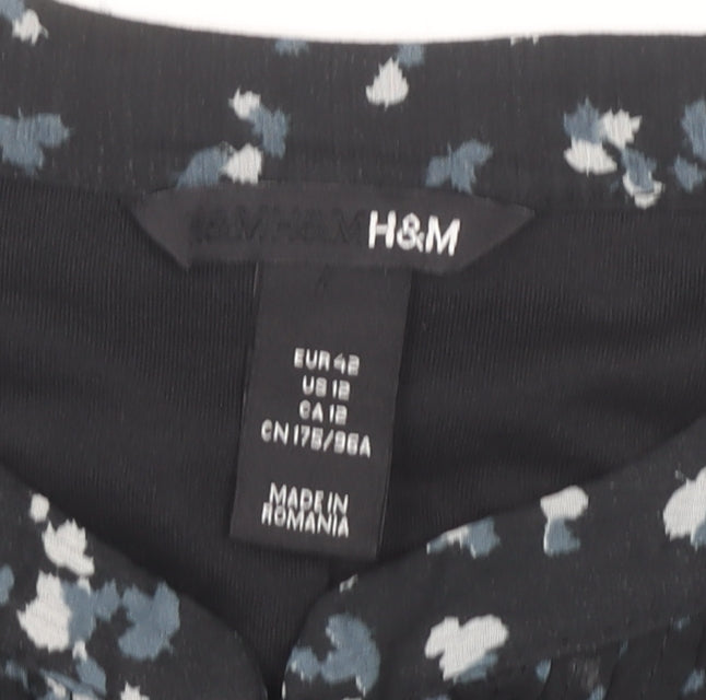 H&M Women’s Black Floral Knee Length Shift Dress Size 14 Sleeveless