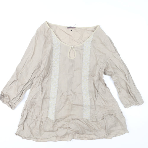 Wrap Women’s Beige Tunic Blouse UK 14 Ramie 3/4 Sleeve Embroidered