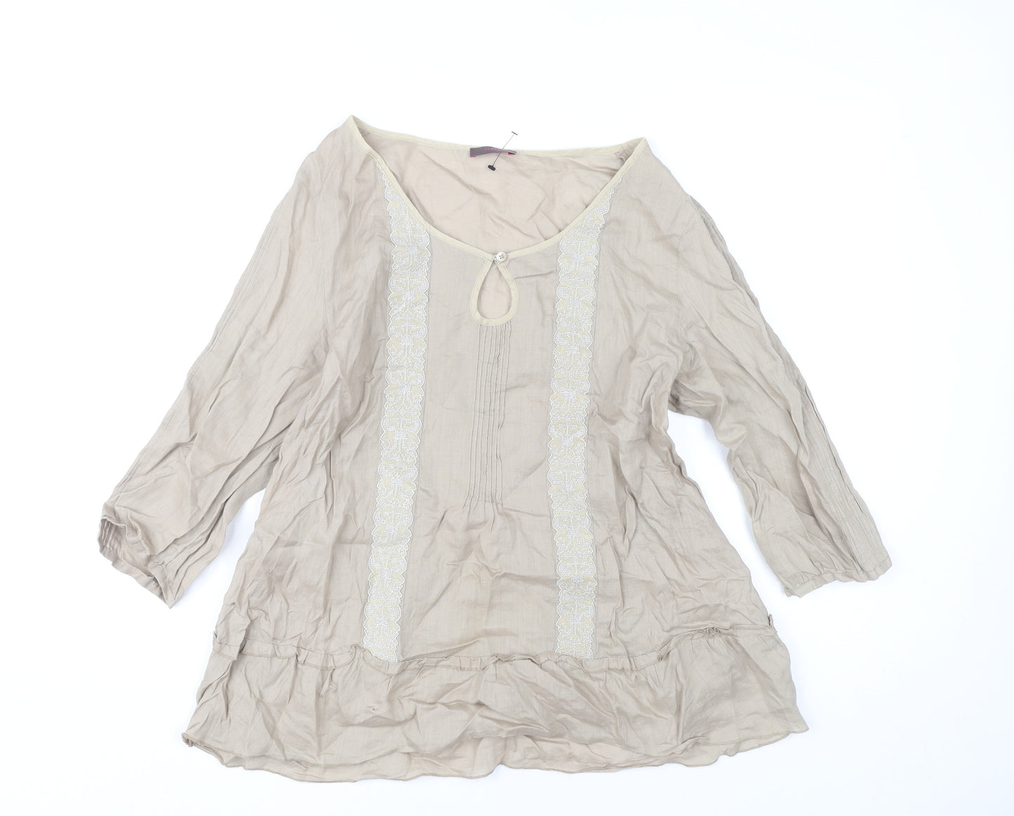Wrap Women’s Beige Tunic Blouse UK 14 Ramie 3/4 Sleeve Embroidered