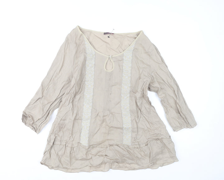 Wrap Women’s Beige Tunic Blouse UK 14 Ramie 3/4 Sleeve Embroidered