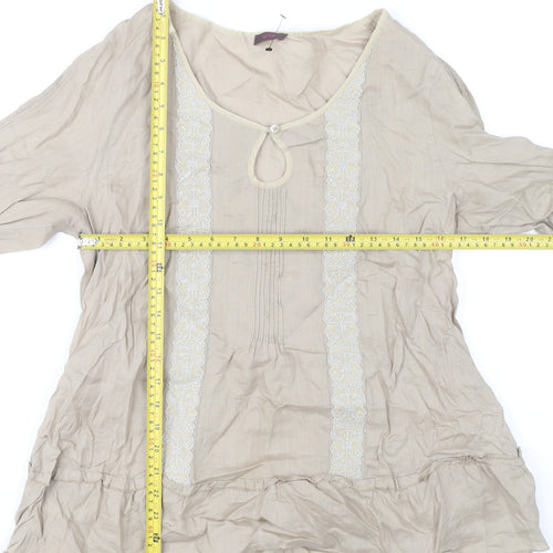 Wrap Women’s Beige Tunic Blouse UK 14 Ramie 3/4 Sleeve Embroidered