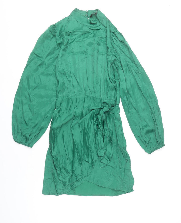 Zara Women’s Green XS Shift Dress High Neck Belted Long Sleeve