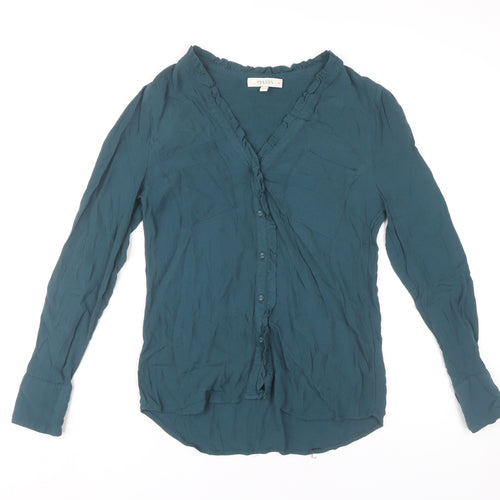 Oasis Women’s Green Viscose Long Sleeve Blouse Size 10 Ruffle Detail