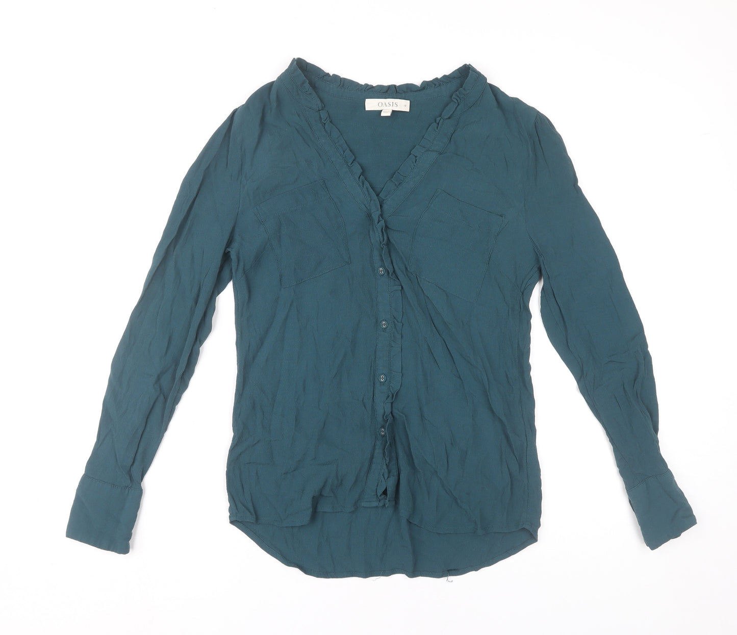 Oasis Women’s Green Viscose Long Sleeve Blouse Size 10 Ruffle Detail