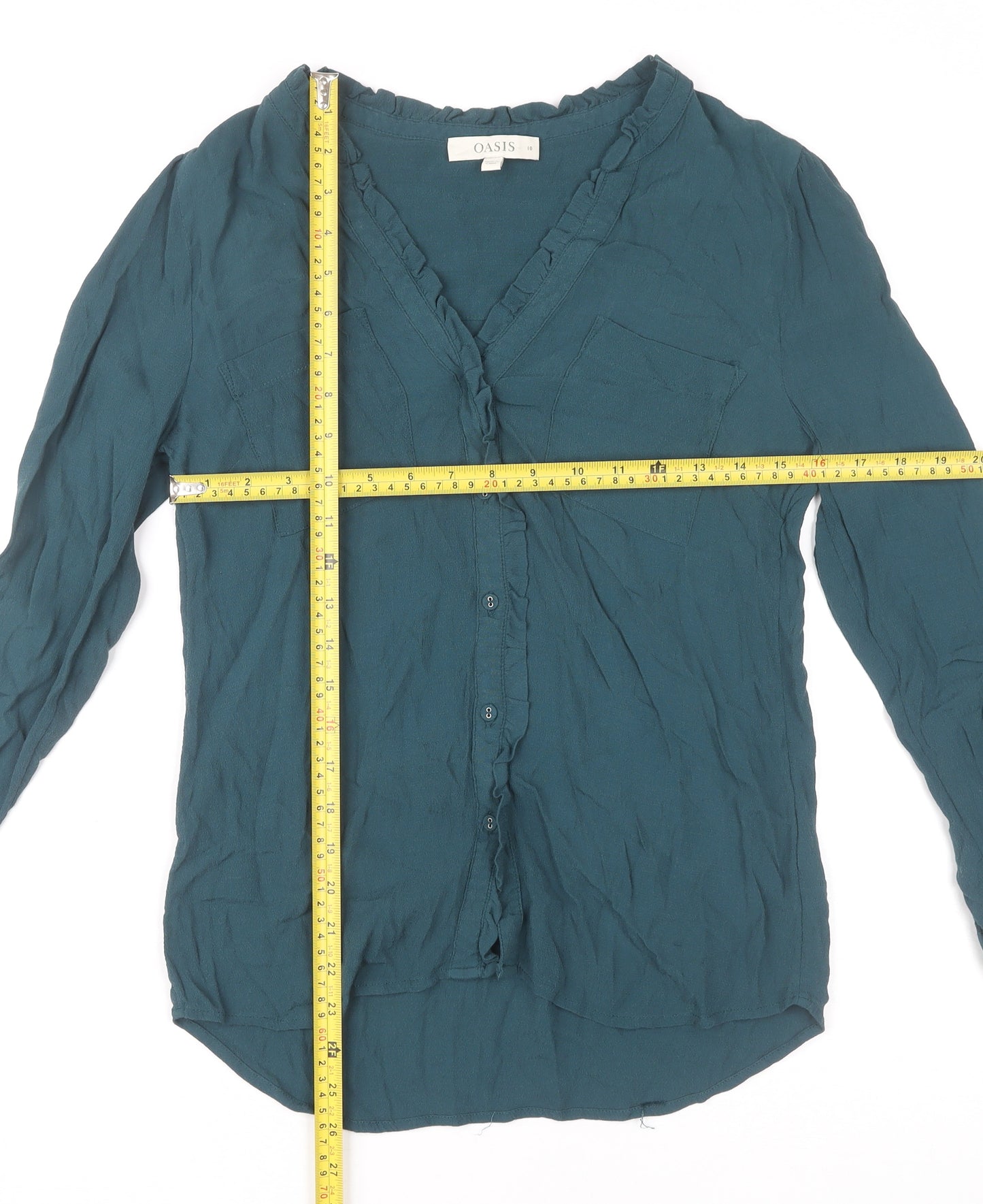 Oasis Women’s Green Viscose Long Sleeve Blouse Size 10 Ruffle Detail
