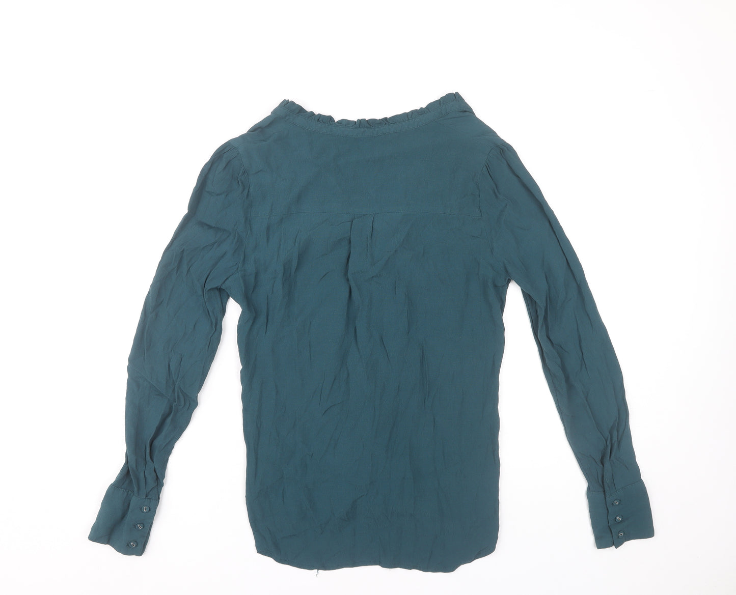 Oasis Women’s Green Viscose Long Sleeve Blouse Size 10 Ruffle Detail