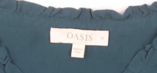Oasis Women’s Green Viscose Long Sleeve Blouse Size 10 Ruffle Detail
