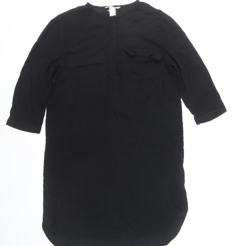 H&M Womens Black Knee Length Shirt Dress UK 8 Viscose 3/4 Sleeve