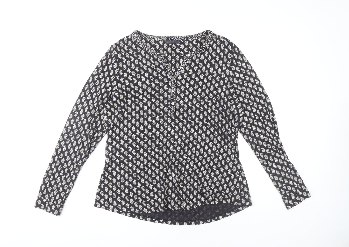 Marks and Spencer Women’s Black Geometric Cotton Tunic Blouse Size 16