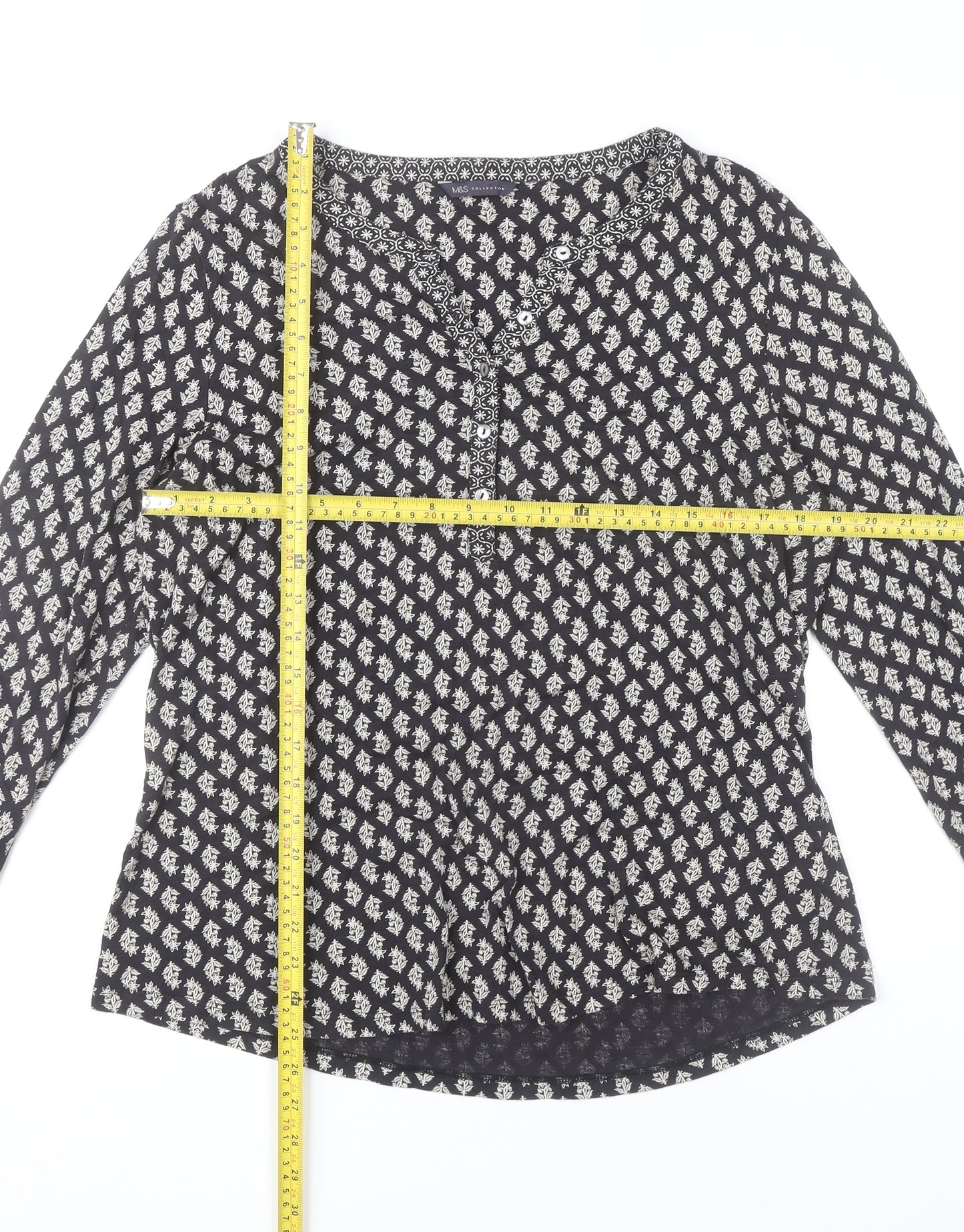 Marks and Spencer Women’s Black Geometric Cotton Tunic Blouse Size 16
