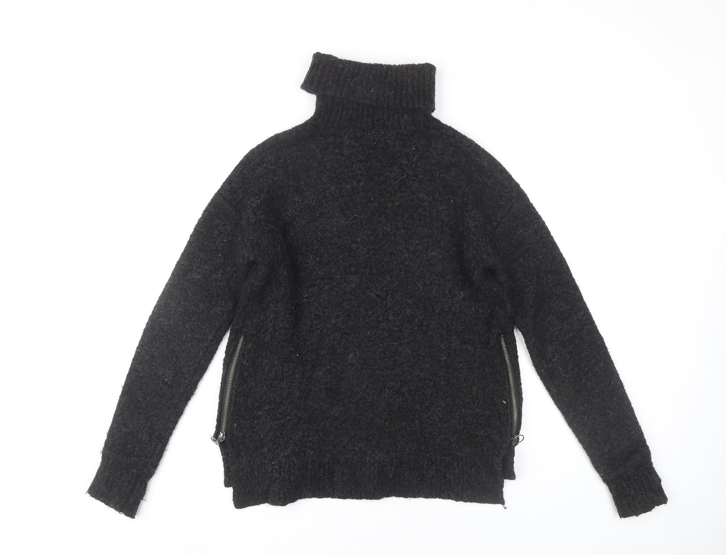 Sweaty Betty Women’s Black Roll Neck Chunky-Knit Jumper S Zip Detail
