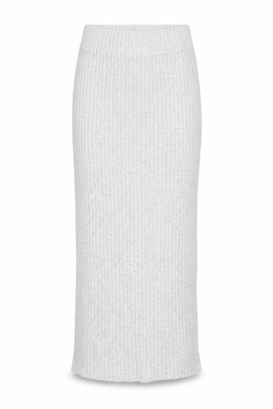 Front view of ASOS Women’s Grey Ribbed Knit Midi Straight Skirt, size UK 8, High Rise Stretch