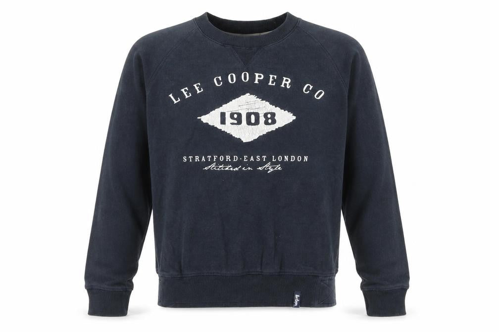 Front view of Lee Cooper Men’s Blue Small Pullover Sweatshirt Crew Neck Fleece Logo