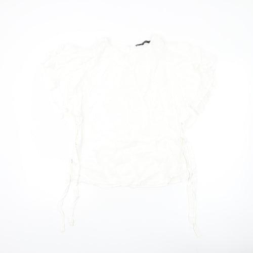 Zara Basic Women White Ruffle Flutter Sleeve Blouse M Spring Summer
