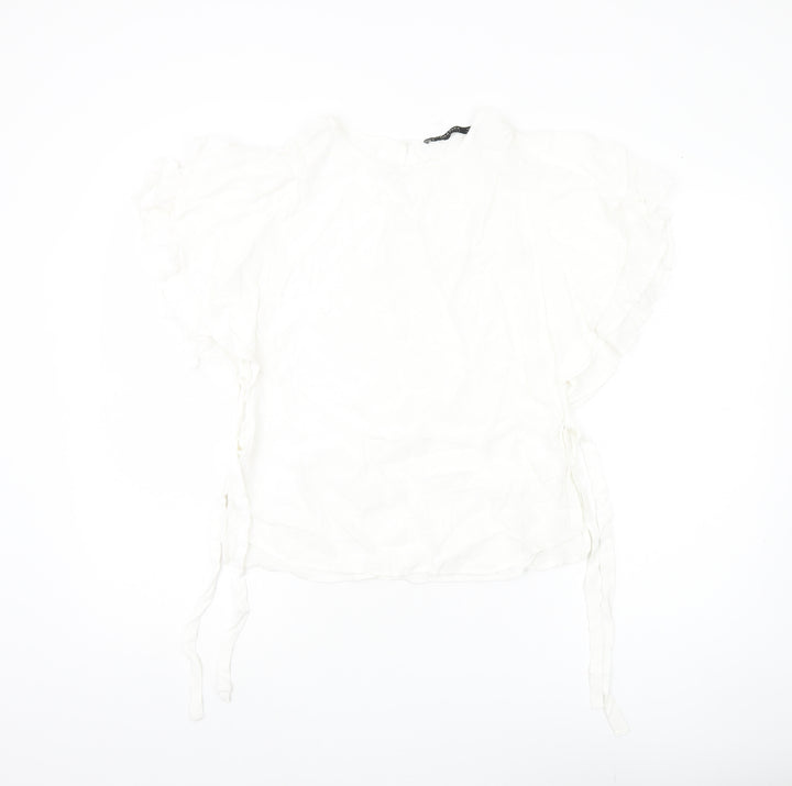 Zara Basic Women White Ruffle Flutter Sleeve Blouse M Spring Summer