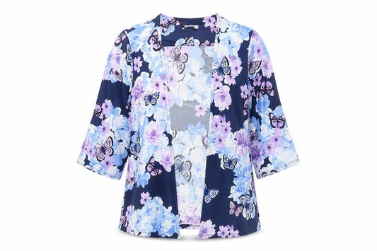 Front view of BHS Women’s Petite Multicoloured Butterfly Floral Kimono Blouse, size UK 12
