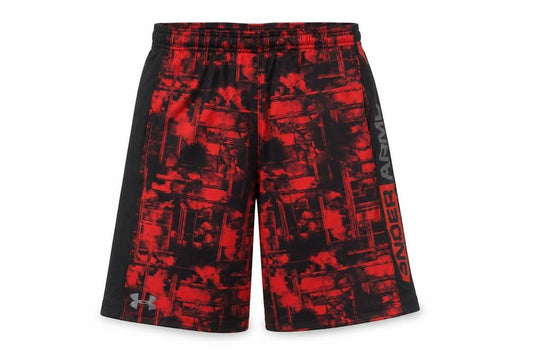 Front view of Under Armour boys’ red athletic shorts l elastic waist mesh sports