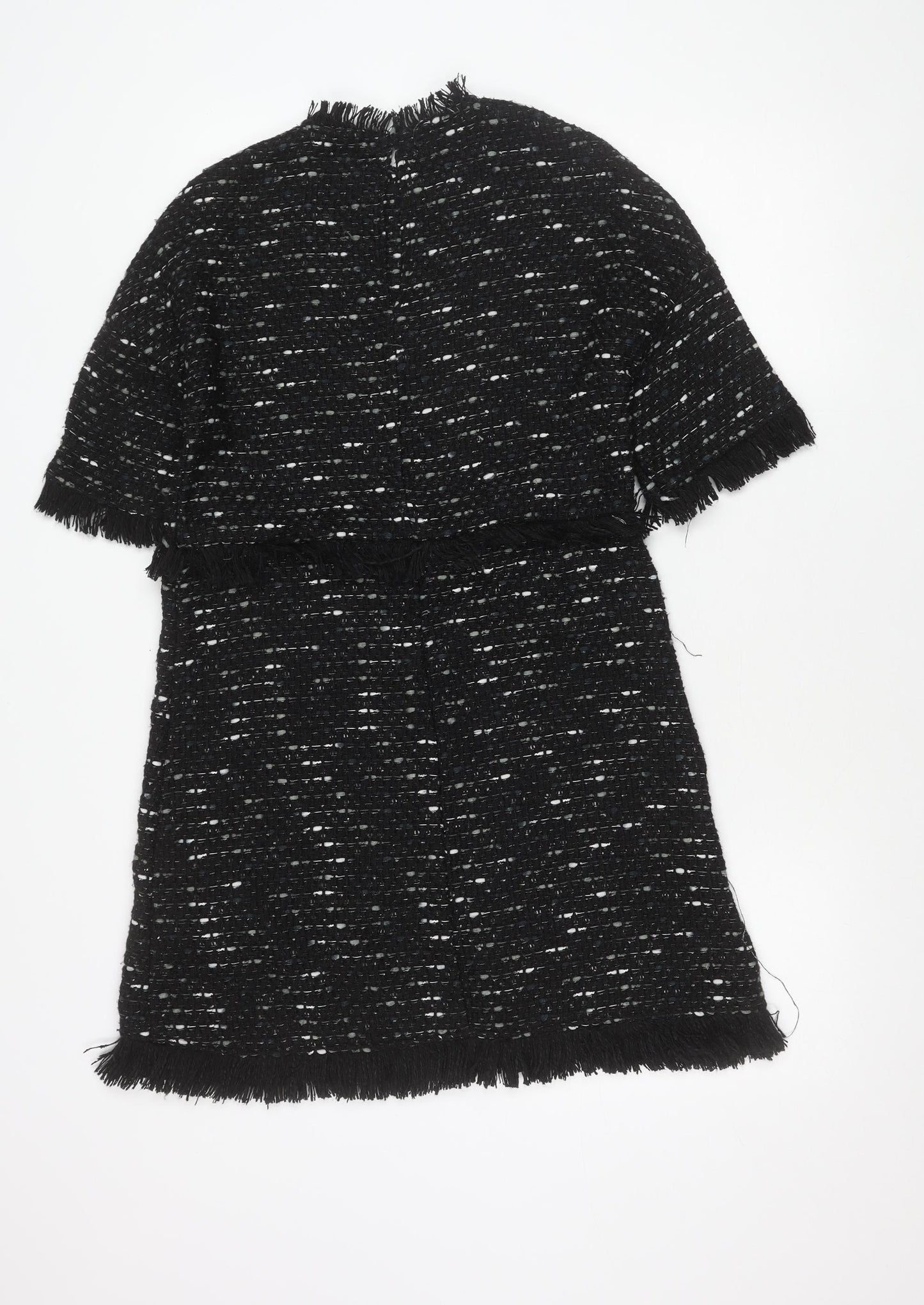 Zara Woman Black Tweed Shift Dress Women XS Fringe Knee Length