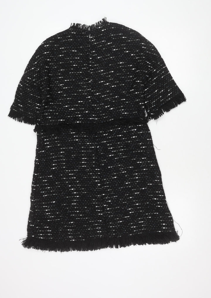 Zara Woman Black Tweed Shift Dress Women XS Fringe Knee Length