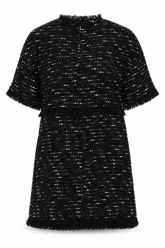 Front view of Zara Woman Black Tweed Shift Dress Women XS Fringe Knee Length