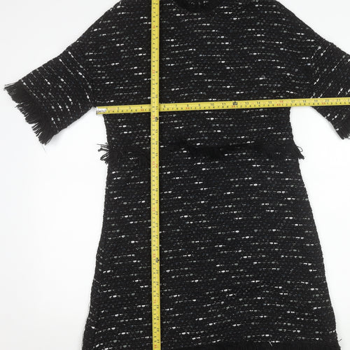 Zara Woman Black Tweed Shift Dress Women XS Fringe Knee Length