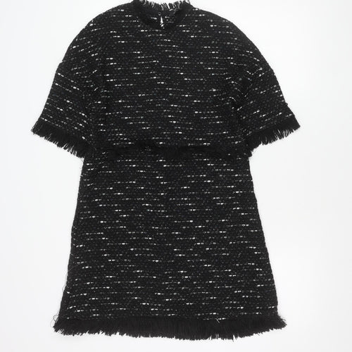 Zara Woman Black Tweed Shift Dress Women XS Fringe Knee Length
