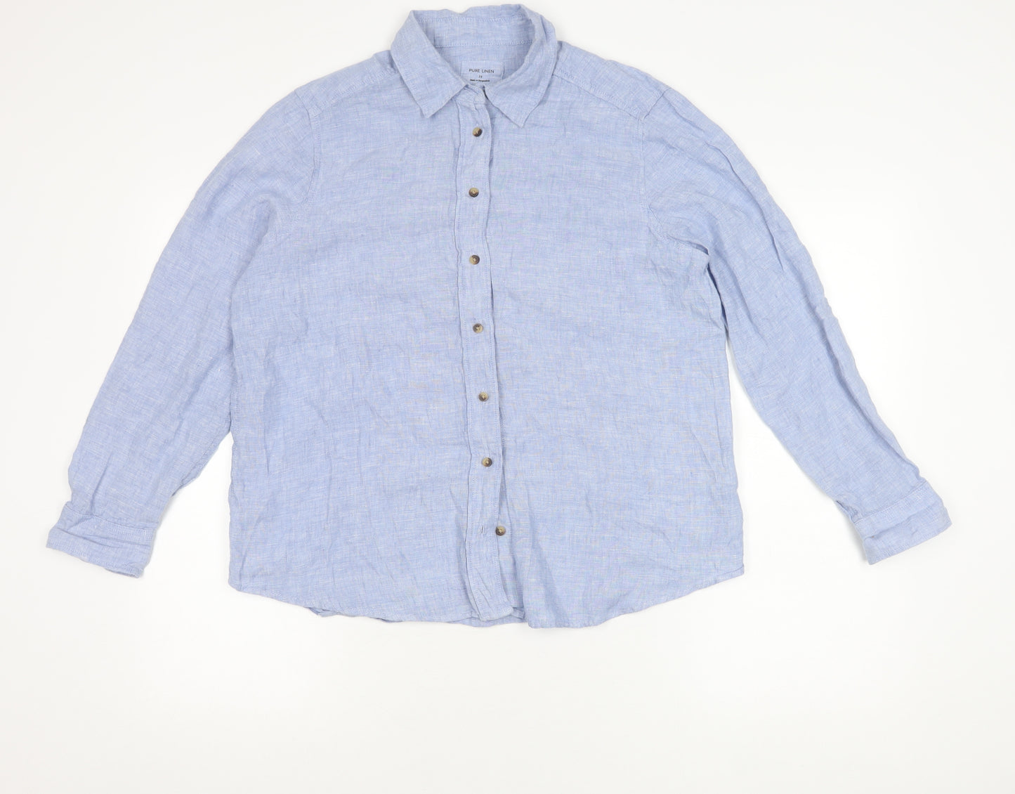 Marks and Spencer Women Blue Linen Button-Up Shirt Size 14