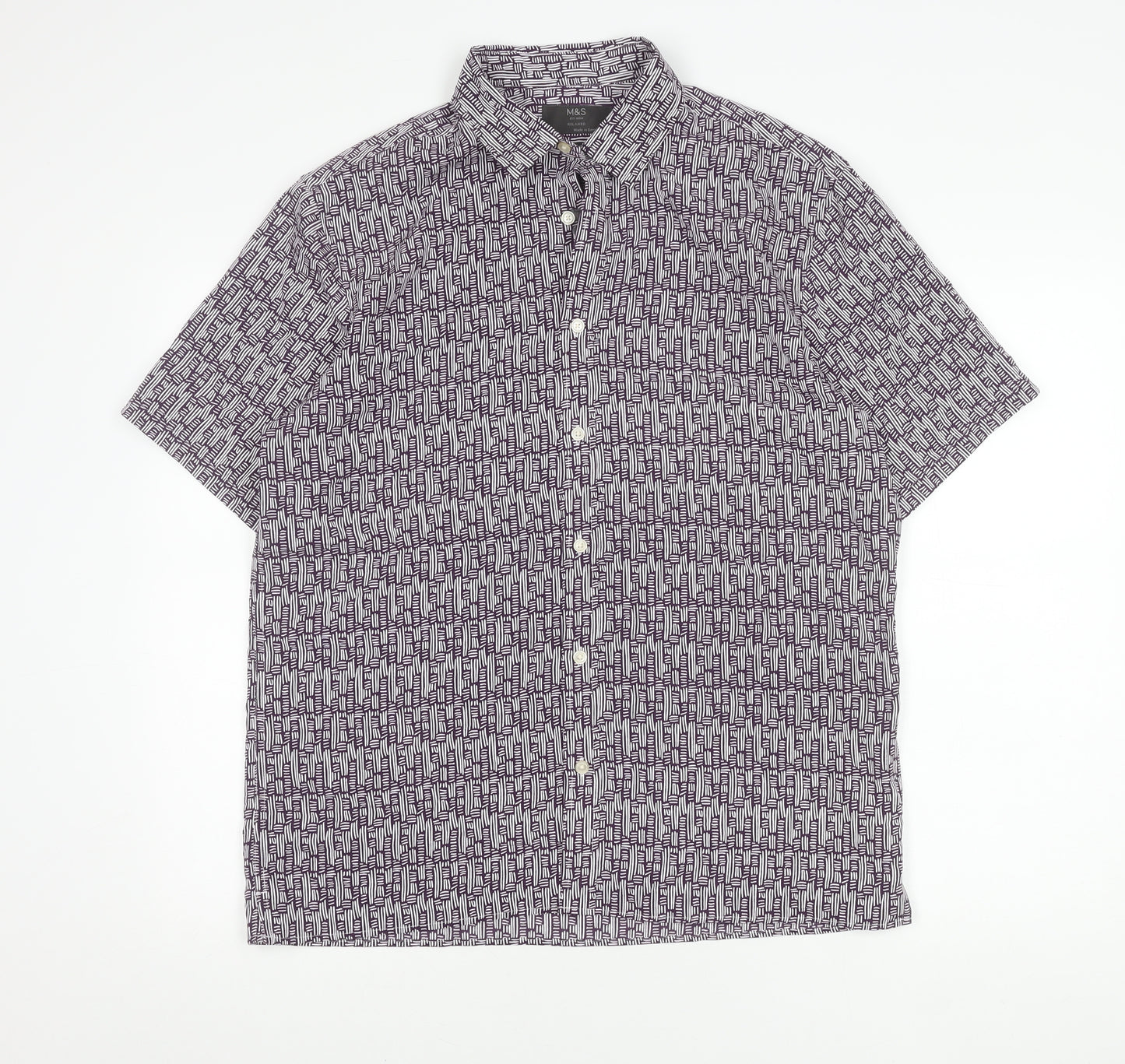 Marks and Spencer Men’s Purple Geometric Short Sleeve Cotton Shirt M