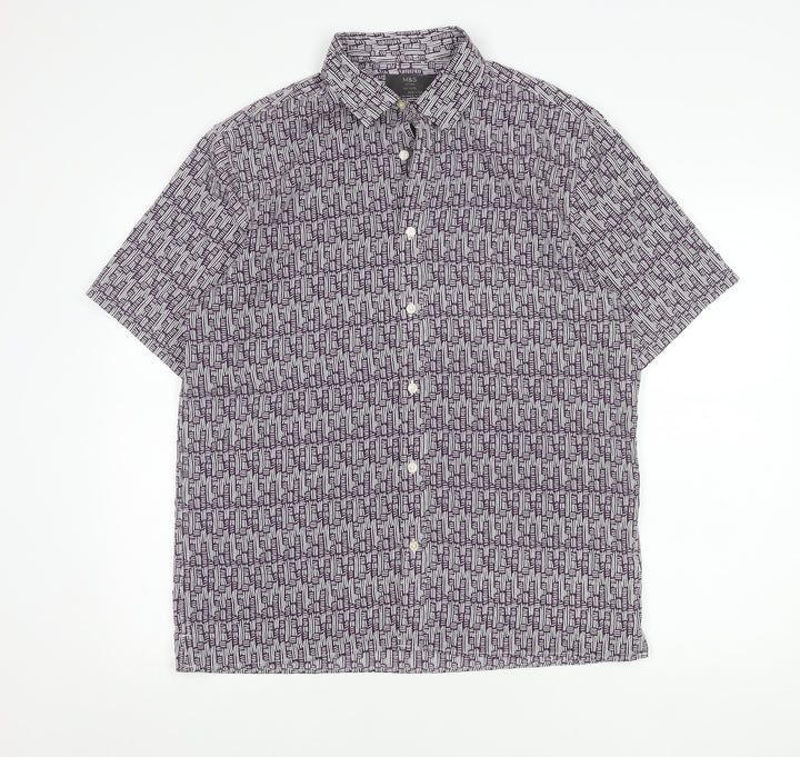 Marks and Spencer Men’s Purple Geometric Short Sleeve Cotton Shirt M