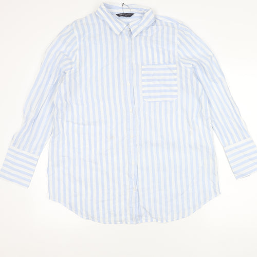 Marks and Spencer Unisex Adults Blue Striped Cotton Long Sleeve Shirt Size 16