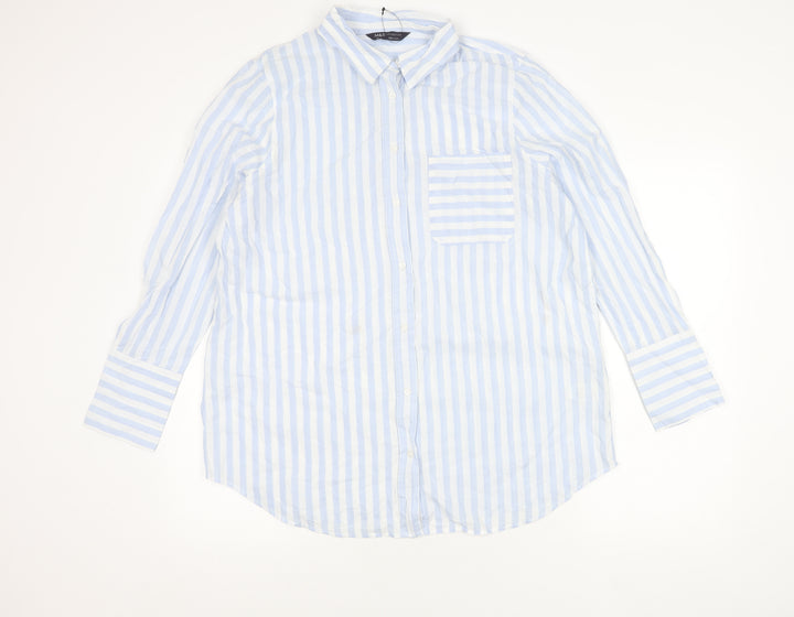 Marks and Spencer Unisex Adults Blue Striped Cotton Long Sleeve Shirt Size 16