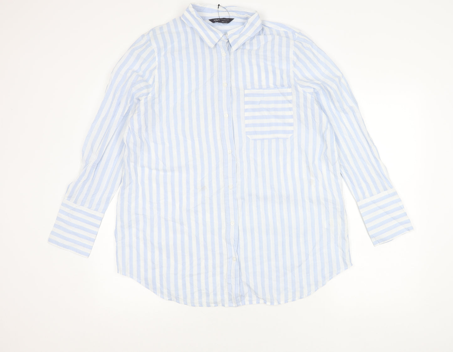 Marks and Spencer Unisex Adults Blue Striped Cotton Long Sleeve Shirt Size 16