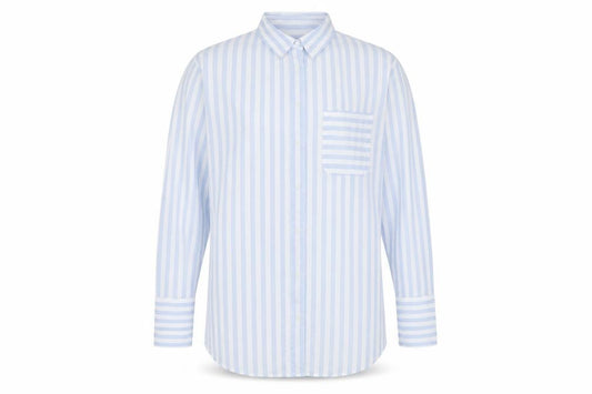 Front view of Marks & Spencer unisex adults blue striped cotton long sleeve shirt, size 16
