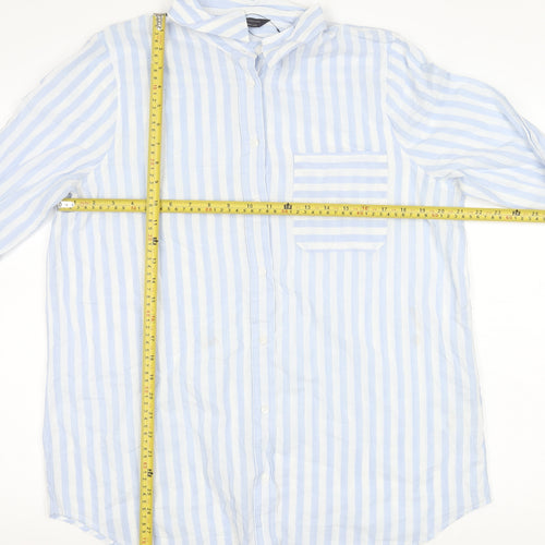 Marks and Spencer Unisex Adults Blue Striped Cotton Long Sleeve Shirt Size 16