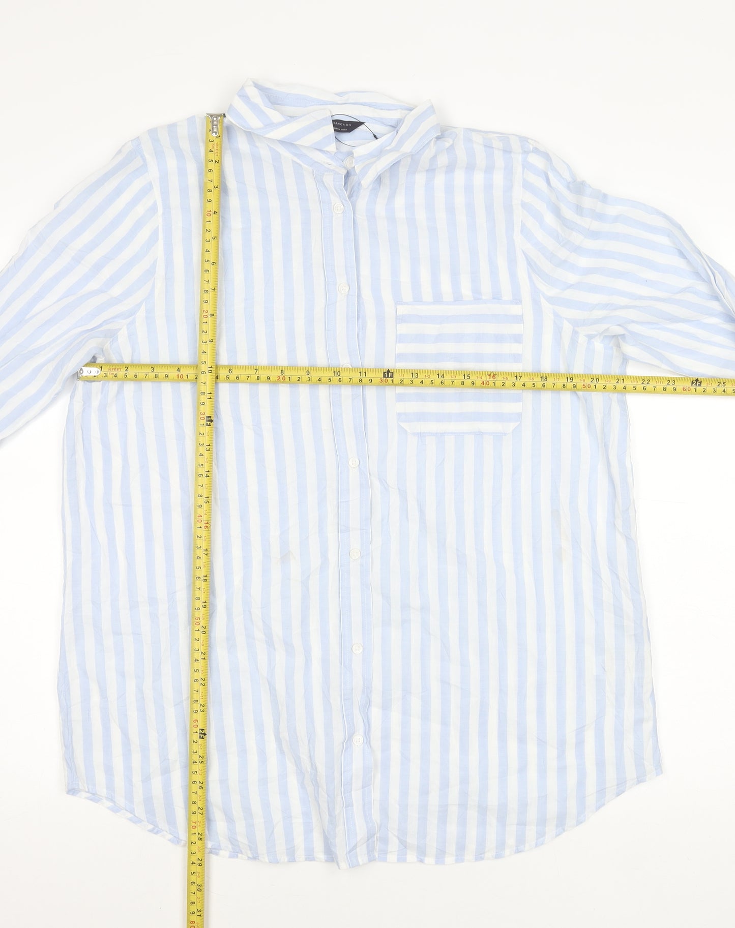 Marks and Spencer Unisex Adults Blue Striped Cotton Long Sleeve Shirt Size 16